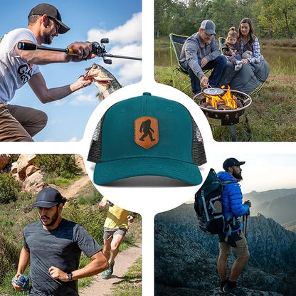 Mesh Bigfoot Hat Leather Cap for Men- Great Snapback Closure Sasquatch Hat for Hunting & Hiking