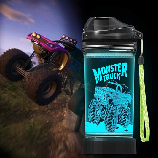 Lightzz Kids Water Bottle with 3D Glowing Monster Truck LED Light - 14 OZ Tritan BPA Free - Creative Ideal Travel Cup Car Race Gift for School Kid Boy Child Holiday Camping Picnic