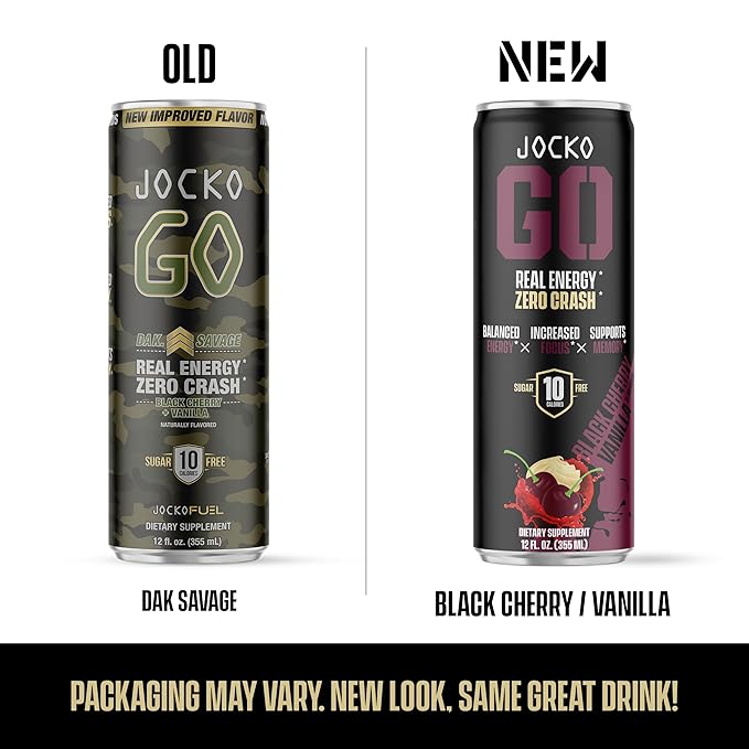 Jocko GO Energy Drink - KETO, Vitamin B12, Vitamin B6, Electrolytes, L Theanine, Magnesium- Energy Boost, Sugar Free Nootropic Monk Fruit Blend - 12 Pack (Black Cherry Vanilla)