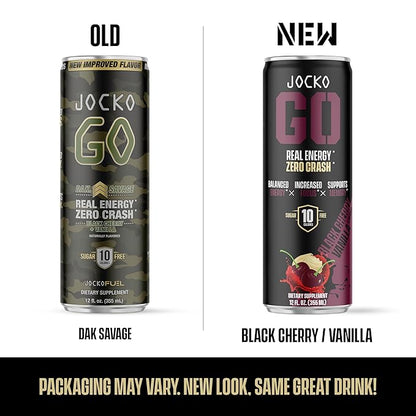 Jocko GO Energy Drink - KETO, Vitamin B12, Vitamin B6, Electrolytes, L Theanine, Magnesium- Energy Boost, Sugar Free Nootropic Monk Fruit Blend - 12 Pack (Black Cherry Vanilla)