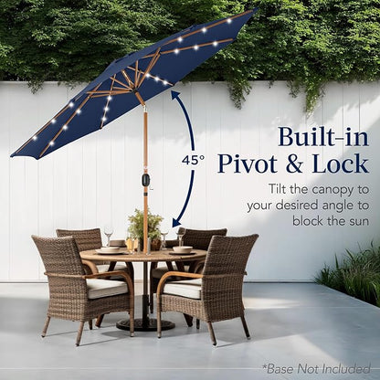 Best Choice Products 10ft Solar Market Patio Umbrella w/Woodgrain Pattern Pole, LED Lights, Tilt & Crank – Outdoor Sun Shade for Backyard Table, Deck, Poolside – Navy Blue