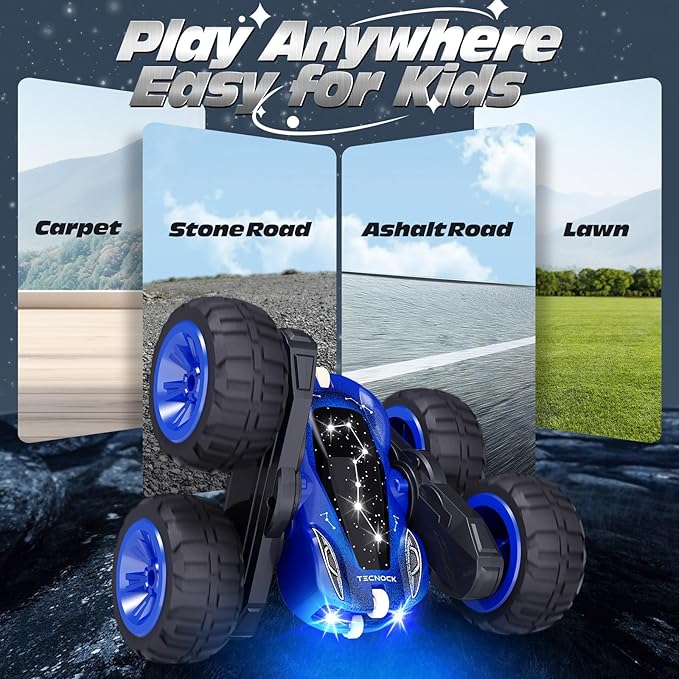 Tecnock Remote Control Car, 2.4GHz RC Cars with USB-C Easy Charging, 4WD Double Sided 360° Rotates and Flips RC Stunt Car, Toys Gift for Boys and Girls