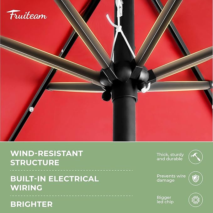 FRUITEAM Solar Patio Umbrella Outdoor LED Umbrella 7 1/2 FT Table Umbrella with Lights Patio Umbrella with with Sturdy Ribs/Crank and Tilt Adjustment for Garden/Poolside/Backyard,