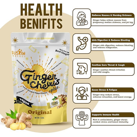 Fusion Select Original Ginger Chews - Sweet Soft Candied Delights From Indonesia - Promotes Relief From Morning Sickness, Upset Stomach - Made from Real Ginger Root, Non-GMO, Vegan Candy