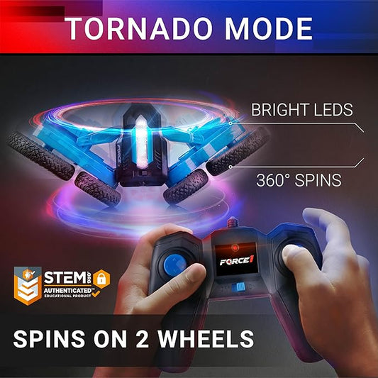 Force1 Tornado Blue LED Remote Control Car for Kids- Double Sided Driving Fast RC Cars 360 Flips, Outdoor 4WD Off Road Stunt RC Car, All Terrain Tires, RC Crawler Rechargeable Battery, 2.4GHz Remote