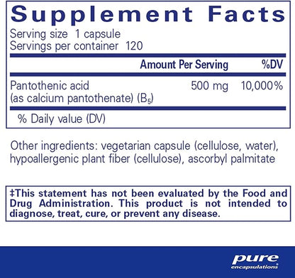 Pure Encapsulations Pantothenic Acid | Hypoallergenic Supplement Supports Cellular Energy Production, Adrenal and Cardiovascular Health | 120 Capsules