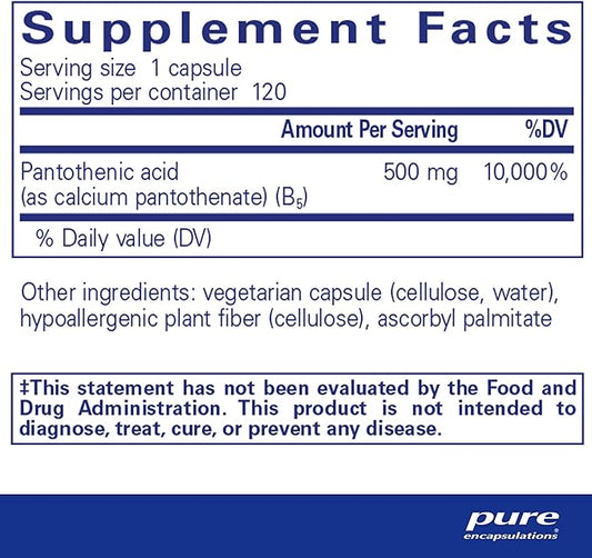 Pure Encapsulations Pantothenic Acid | Hypoallergenic Supplement Supports Cellular Energy Production, Adrenal and Cardiovascular Health | 120 Capsules