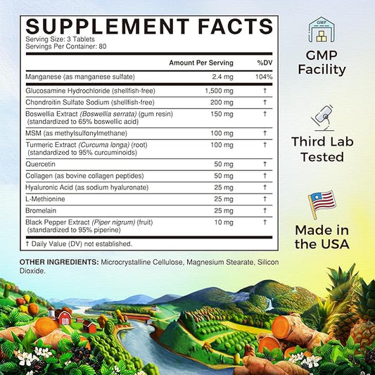 Vitalitown Glucosamine Chondroitin MSM | Triple Action+ Joint Support Supplement | Turmeric, Collagen, Boswellia, Hyaluronic Acid | 12 Ingredients for Joint Health | 240 Tablets, No Shellfish