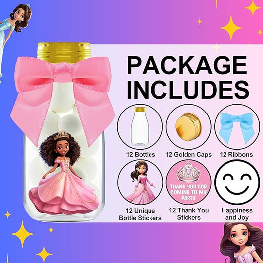 Small 12 Pack Princess Party Favors - DIY Candy Jars with Ribbons and Stickers - Party Decoration Bottles for Birthday, School Classroom, and Baby Shower for Girls - Table Centerpiece for Kids