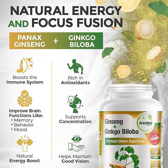 Ginkgo Biloba, Panax Ginseng Supplement and Moringa Capsules Bundle - Ginkgo Biloba Supplements for Immune Support and Energy Boost - Moringa Supplement for Concentration and Good Memory