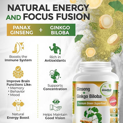 Ginkgo Biloba, Panax Ginseng Supplement and Moringa Capsules Bundle - Ginkgo Biloba Supplements for Immune Support and Energy Boost - Moringa Supplement for Concentration and Good Memory