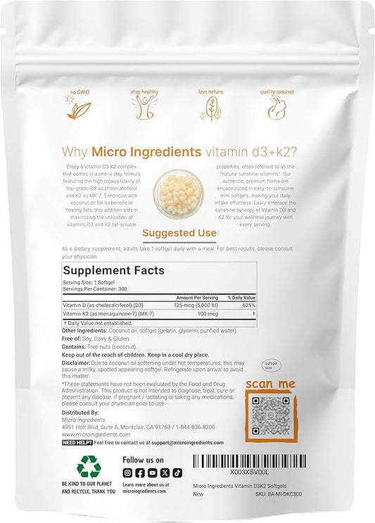 Micro Ingredients Vitamin D3 5000 IU Plus K2 (MK-7) 100 mcg, 300 Virgin Coconut Oil Softgels | 2 in 1 Vitamins D & K Complex | Supports Calcium Absorption, Bone, Immune, & Heart Health