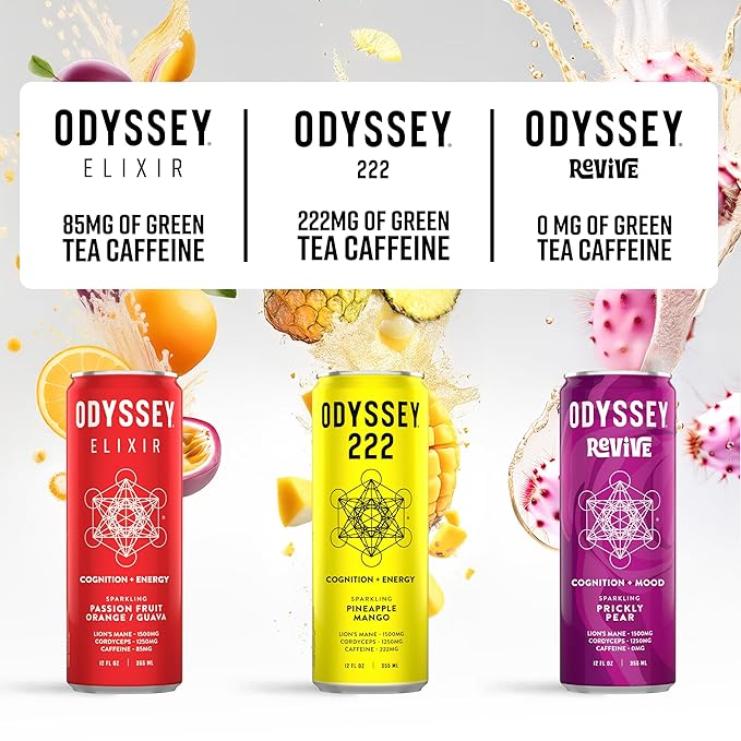 Odyssey Elixir Cognition + Sustainable Energy - Lion's Mane, Cordyceps, L Theanine, Ginseng & 85mg Green Tea Caffeine - 0 Added Sugar - No Jitters or Crash - Orange - 12 Fl oz, 12 Pack