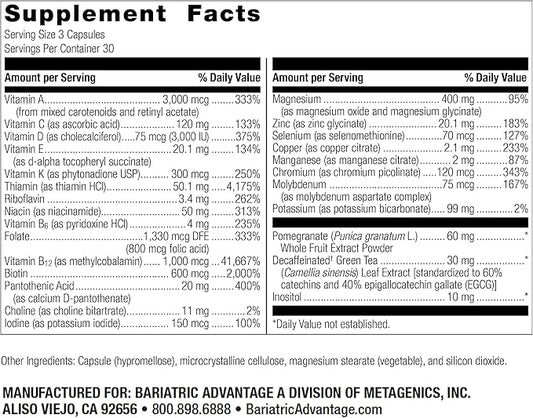 Bariatric Advantage Ultra Multi Without Iron, High Potency Daily Multivitamin for Bariatric Surgery Patients with 22 Essential Vitamins and Nutrients - 90 Capsules, 30 Servings