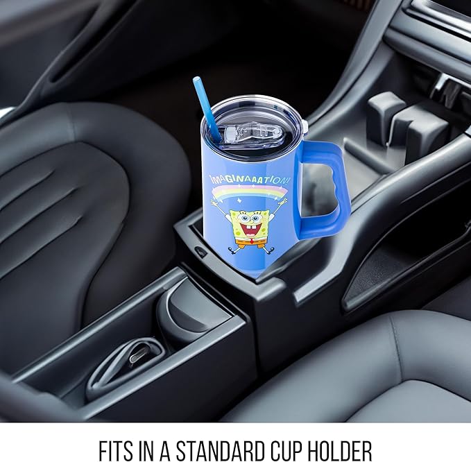 Silver Buffalo SpongeBob SquarePants “Imaginaaation!” Stainless Steel Tumbler with Handle, Fits in Standard Cup Holder, 40 Ounces