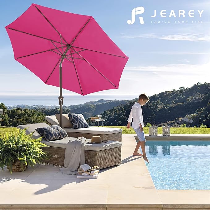 JEAREY 9FT Outdoor Patio Umbrella Outdoor Table Umbrella with Push Button Tilt and Crank, Market Umbrella 8 Sturdy Ribs UV Protection Waterproof for Garden, Deck, Backyard, Pool (Rose Pink)