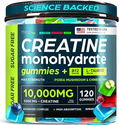 Creatine Gummies Monohydrate Complex 10,000mg for Men & Women -120 Gummies Advanced Formula W/L-Taurine + Vitamin B12 for Muscle Strength, Muscle Builder, Energy Boost, Pre-Workout Supplement -Thinbi