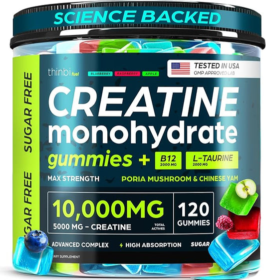 Creatine Gummies Monohydrate Complex 10,000mg for Men & Women -120 Gummies Advanced Formula W/L-Taurine + Vitamin B12 for Muscle Strength, Muscle Builder, Energy Boost, Pre-Workout Supplement -Thinbi