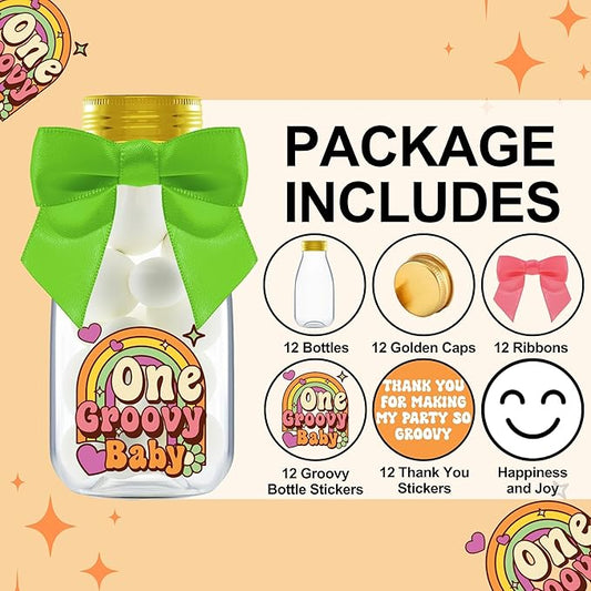 Small 12 Pack One Groovy Baby Party Favors - DIY Candy Jars with Ribbons and Stickers - Funky Party Decoration Bottles for 1st Birthday Bash for Boy or Girl - Retro Hippie Table Centerpieces