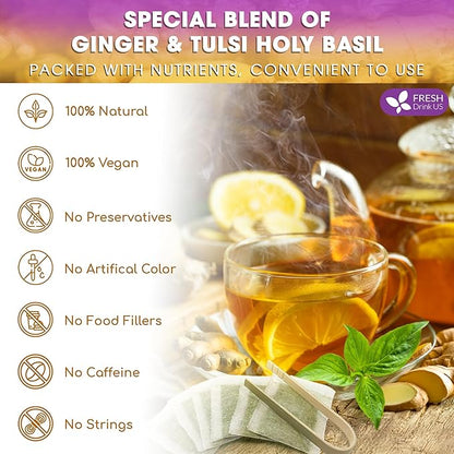 FreshDrinkUS, Premium 75 Ginger Tulsi Tea Bags, 100% Natural, Hand-made Blend of Ginger and Tulsi Holy Basil Leaves, Eco-conscious Tea Bags. Ginger Tulsi Herbal Tea. No Sugar, No Caffeine, Vegan.