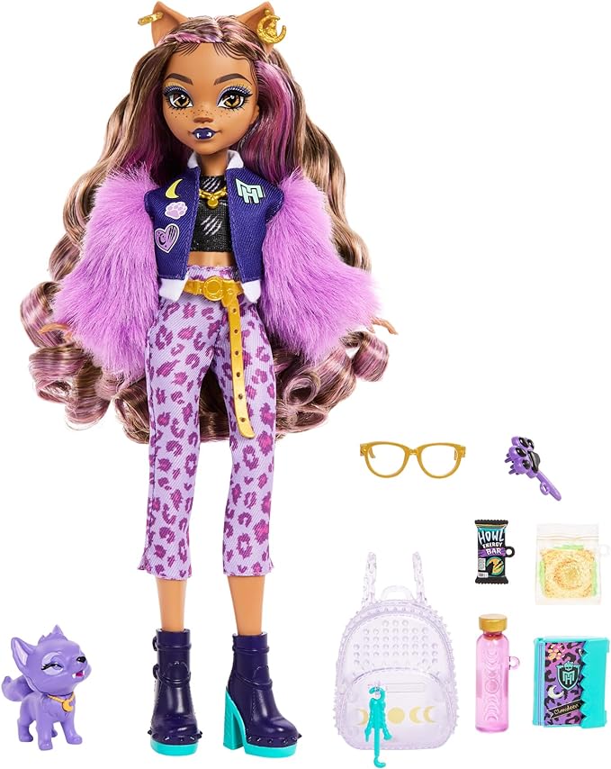 Monster High Clawdeen Wolf Doll with Pet Dog Crescent & Accessories Like Backpack, Planner, Snacks & More
