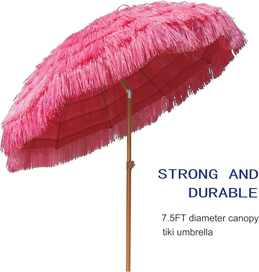AMMSUN 7.5ft Hula Thatched Tiki Patio Beach Umbrella Hawaiian Style 10 Ribs UPF 50+ with Tilt Carry Bag for Outdoor Tiki Bar, Tropical Palapa, Patio Garden Beach Pool Backyard Pink