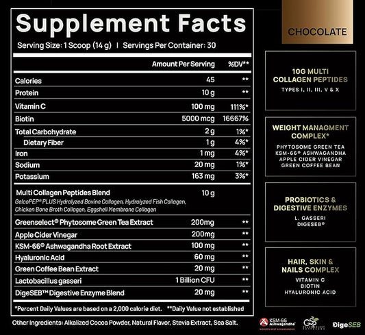 ELMNT Premium Chocolate Collagen for Women Weight Loss & Beauty w. Probiotics, ACV, KSM66, Hyaluronic Acid, Biotin & Patented Multi Collagen Peptides Protein Powder - Colageno Hidrolizado for Women
