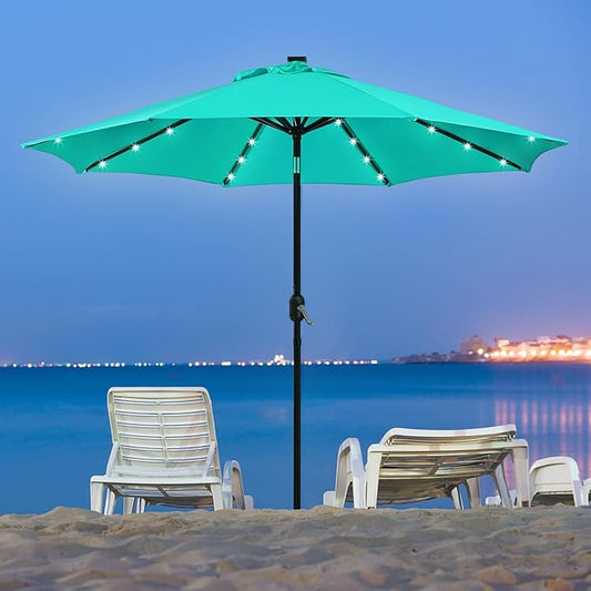 Yaheetech 9FT Solar Powered Patio Umbrella - UV Protection Market Table Umbrella w/ 32 LED Lights & Push Button Tilt & Crank Lift System for Garden/Lawn/Deck/Backyard/Pool, Turquoise