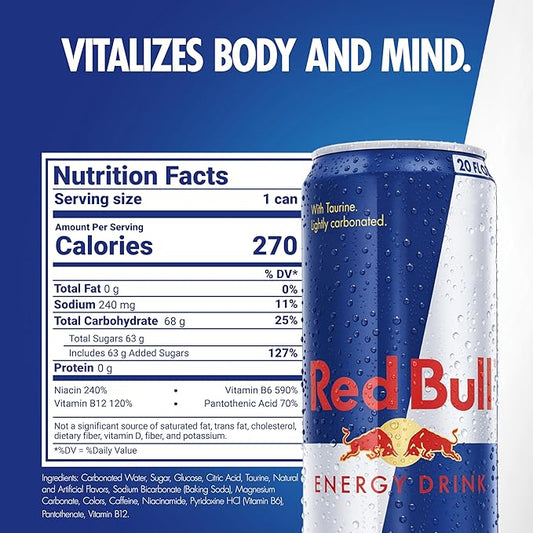 Red Bull Energy Drink with 189mg Caffeine plus Taurine & B Vitamins, 20 Fl Oz, Pack of 12 Cans