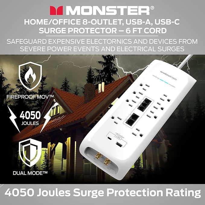 Monster White Heavy Duty Surge Protector Power Strip 6 ft Cord with 8 120V-Outlet Extension, 2 Ethernet Switch Ports, 4050J Rating, 1 USB-A, and 1 USB-C Charging Ports – Ideal for Computers & Offices