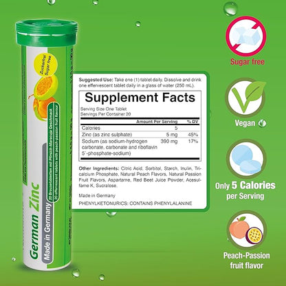 German Zinc 140 Drink Effervescent Tablets - Peach and Passion Fruit Flavour - 5 mg Zinc, Sugarfree, Vegan - T&D Pharma – Made in Germany