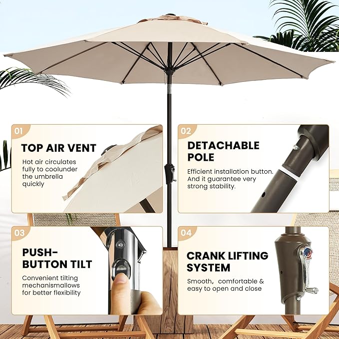 Ayge 9FT Large Outdoor Patio Umbrella Market Table Umbrella-UV Resistant, Easy Push Button Tilt and Crank, 8 Sturdy Fiberglass Ribs Heavy-Duty Pool Umbrella for Deck, Backyard,Garden