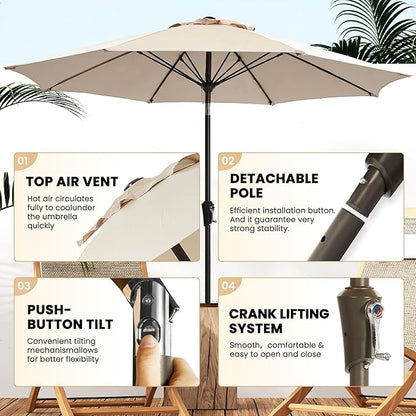 Ayge 9FT Large Outdoor Patio Umbrella Market Table Umbrella-UV Resistant, Easy Push Button Tilt and Crank, 8 Sturdy Fiberglass Ribs Heavy-Duty Pool Umbrella for Deck, Backyard,Garden