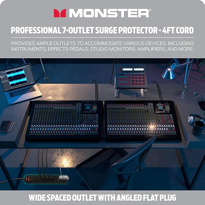 Monster Pro MI Professional Surge Protector Power Strip with Fireproof MOV Technology for Computers, Amplifiers, Pedal Boards, and Pro Audio Gear, 1350 Joule, 4 ft Cord, 7 Outlet Power Strips