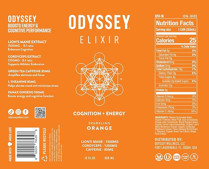 Odyssey Elixir Cognition + Sustainable Energy - Lion's Mane, Cordyceps, L Theanine, Ginseng & 85mg Green Tea Caffeine - 0 Added Sugar - No Jitters or Crash - Orange - 12 Fl oz, 12 Pack