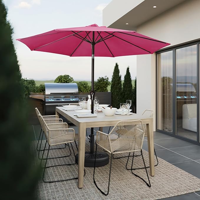 JEAREY 9FT Outdoor Patio Umbrella Outdoor Table Umbrella with Push Button Tilt and Crank, Market Umbrella 8 Sturdy Ribs UV Protection Waterproof for Garden, Deck, Backyard, Pool (Rose Pink)