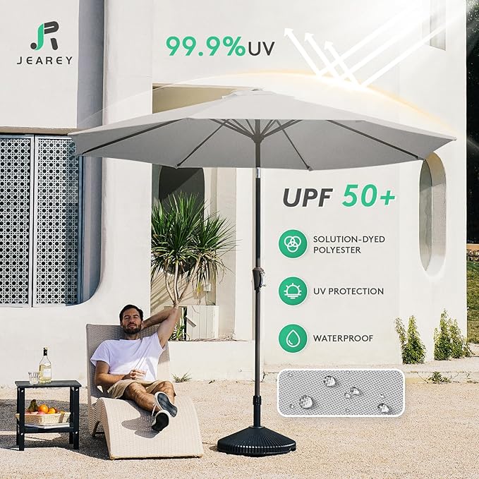 JEAREY 10FT Outdoor Patio Umbrella Outdoor Table Umbrella with Push Button Tilt and Crank, Market Umbrella 8 Sturdy Ribs UV Protection Waterproof for Pool, Garden (Light Gray)