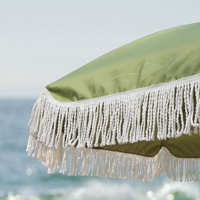 AMMSUN 7ft Patio Umbrella with Fringe Outdoor Tassel Umbrella UPF50+ Premium Steel Pole and Ribs Push Button Tilt, Sage Green