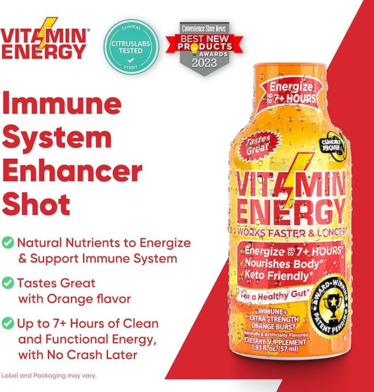 Vitamin Energy Immune+ Extra Strength Energy Shot – Orange Burst – 100% DV B-Vitamins & 260mg Caffeine – Zero Calories, Sugar-Free, Vegan, – Immunity & Energy Support – 1.93 fl oz, 24-Pack