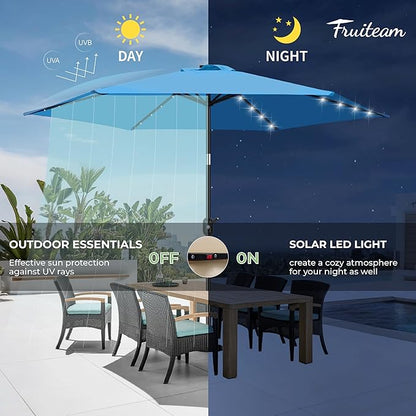FRUITEAM 7 1/2 ft Solar LED Umbrella Solar Powered Umbrella Polyester LED Lighted Patio Umbrella w/Tilt Adjustment and Fade-Resistant Fabric - Sky Blue
