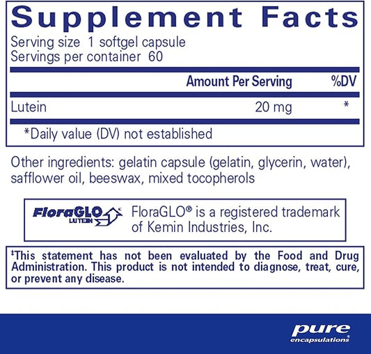 Pure Encapsulations Lutein 20 mg | Hypoallergenic Antioxidant Support for Healthy Visual Function | 60 Softgel Capsules
