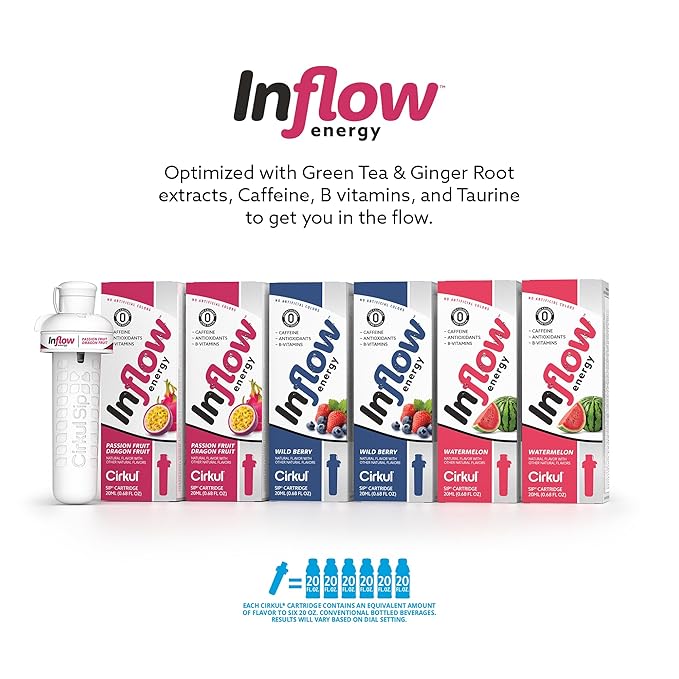 Cirkul Inflow Energy Flavor Cartridge Variety Pack with Caffeine, 6-Pack (2 Passion Fruit Dragon Fruit, 2 Wild Berry, 2 Watermelon)