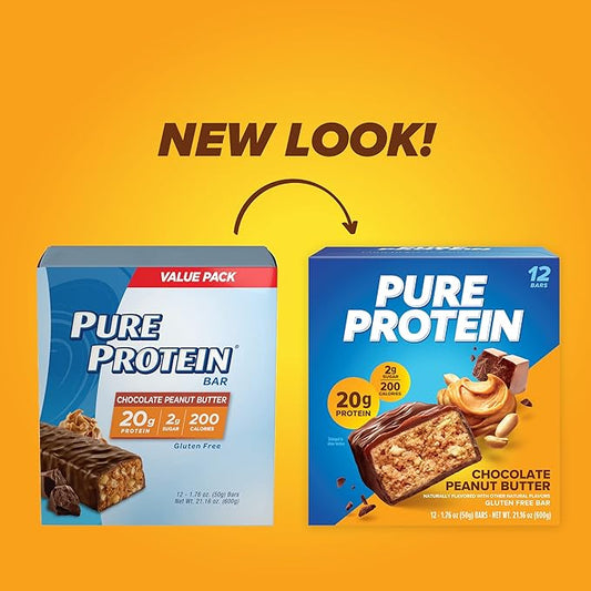 Pure Protein Bars, High Protein, Nutritious Snacks to Support Energy, Low Sugar, Gluten Free, Chocolate Peanut Butter, 1.76oz, 12 Count (Packaging May Vary)