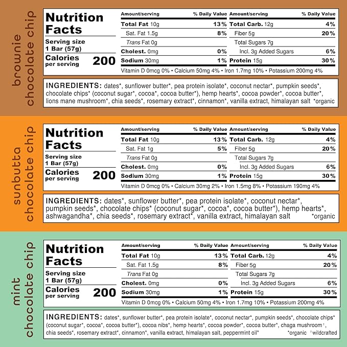Feel Vegan Protein Bars | Chocolate Lovers | Keto | Gluten Free | Organic | Lions Mane | Chaga | Ashwagandha | 15g Protein | Low Sugar | Non GMO | Sunbutta + Brownie + Mint - 9 Pack