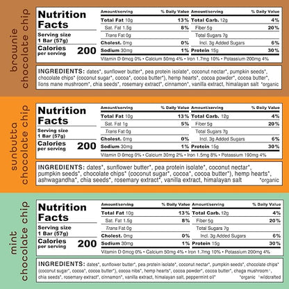 Feel Vegan Protein Bars | Chocolate Lovers | Keto | Gluten Free | Organic | Lions Mane | Chaga | Ashwagandha | 15g Protein | Low Sugar | Non GMO | Sunbutta + Brownie + Mint - 9 Pack