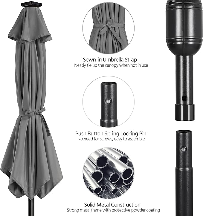 Yaheetech 10FT LED Lighted Patio Umbrella, Outdoor Solar Table Umbrella with 8 Ribs/Tilt Adjustment and Crank Lift System for Garden/Deck/Pool, Gray