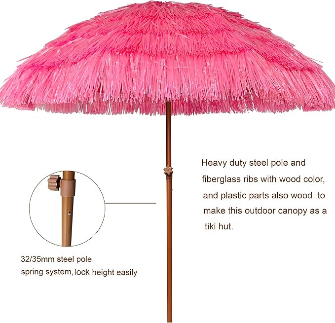AMMSUN 7.5ft Hula Thatched Tiki Patio Beach Umbrella Hawaiian Style 10 Ribs UPF 50+ with Tilt Carry Bag for Outdoor Tiki Bar, Tropical Palapa, Patio Garden Beach Pool Backyard Pink