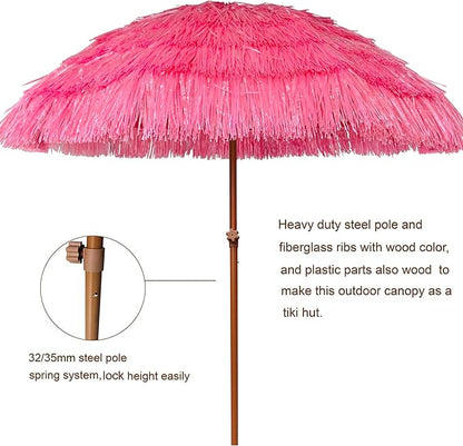 AMMSUN 7.5ft Hula Thatched Tiki Patio Beach Umbrella Hawaiian Style 10 Ribs UPF 50+ with Tilt Carry Bag for Outdoor Tiki Bar, Tropical Palapa, Patio Garden Beach Pool Backyard Pink