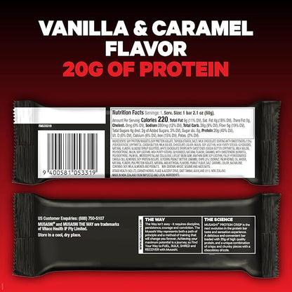 MUSASHI Protein Crisp Bar, 20g Protein, 4g Total Sugars, Vanilla & Caramel, Post Workout and Snack On The Go, 12 Pack of 2.1oz (60g) Bars