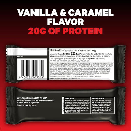 MUSASHI Protein Crisp Bar, 20g Protein, 4g Total Sugars, Vanilla & Caramel, Post Workout and Snack On The Go, 12 Pack of 2.1oz (60g) Bars